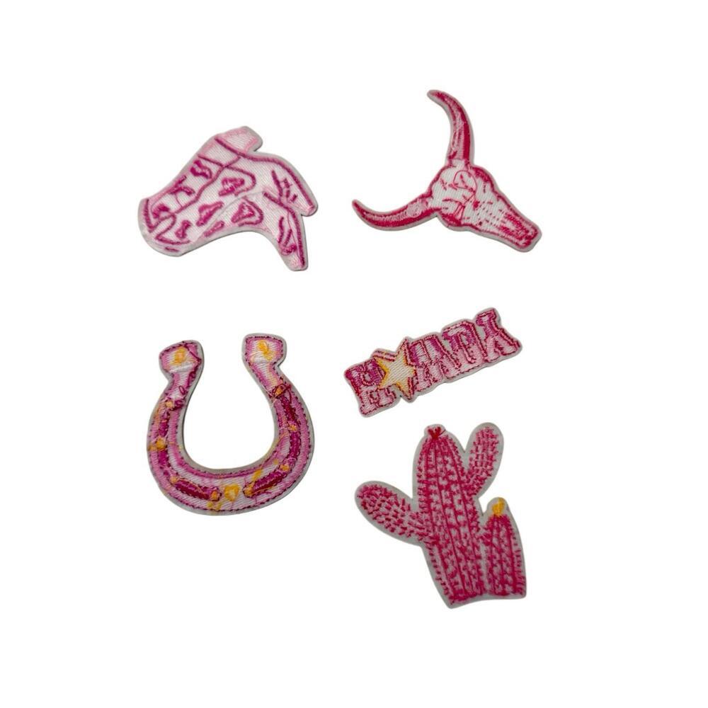 Iron On Patch Set - Pink Cowboy Cowgirl Theme Boots Horseshoe Howdy 5 Pcs - Picture 2 of 3